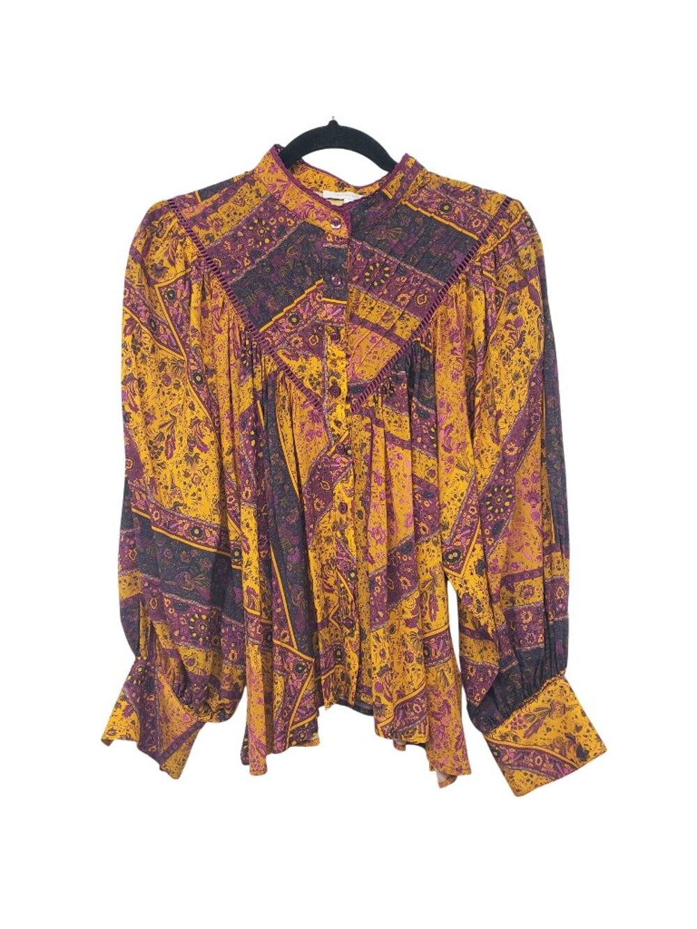 Oliveaceous Yellow Purple Long Sleeve Top Floral Paisley Cottage Core Boho Fall